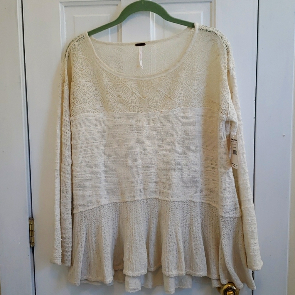 Free People Boucle Knit Ivory Ruffle Bottom Lace Insert Top
